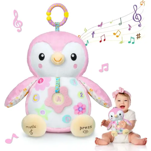 Baby Toys 0-6 Months,Musical Plush Stuffed Animal with Rattles & Crinkle Paper,Hanging Ring for Sensory Play,Tummy Time Toys for 0-12 Months Girls, Baby Girl Gift (Pink)