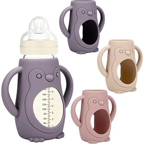 BUSOHA 3 Pack Silicone Sleeves for MAM Bottles - Baby Bottle Sleeves Compatible with MAM Glass Bottles Anti Breakage Baby Bottle Holder with Handle,9 OZ,Yellow + Grey + Pink