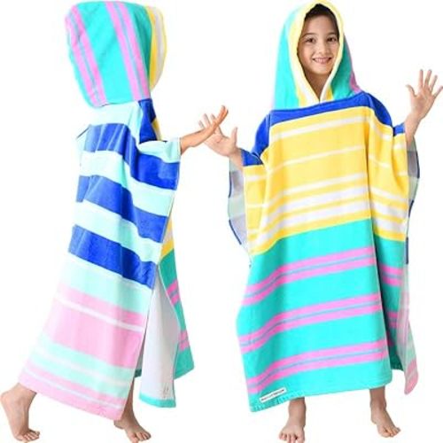 VOOVA & MOVAS Hooded Towels Poncho for Big Kids, Oversized (6-12Years,26"X64") Made from 100% Soft Cotton,Perfect for Swimming | Bathing | Beach | Birthday Gifts, Colorful Stripe