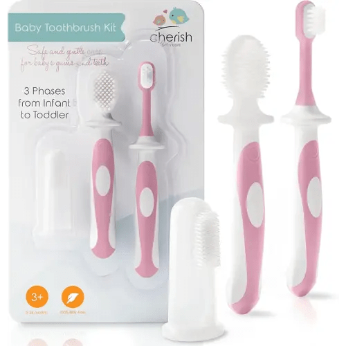 Cherish Baby Care Baby Toothbrush & Toddler Toothbrush Set (0-2 Years) - BPA-Free & Safety-Tested, 2023 Award Winner, Food-Grade Silicone (Pink)