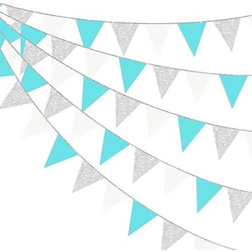 Teal Blue and Silver White Pennant Banner Flag Hanging Glitter Paper Triangle Bunting for Birthday Baby Shower Graduation Bridal Shower Wedding Engagement Turquoise Aqua Party Decorations Supplies