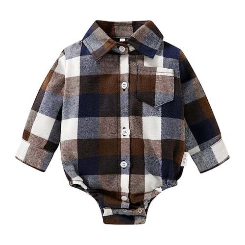 Younger Tree Newborn Baby Boy Girls Plaid Outfit Flannel Romper Tops Infant Long Sleeve Button Down Plaid Casual Bodysuit Clothes for 0-3 Months