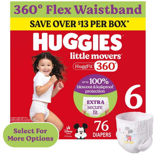 Huggies Little Movers HuggFit 360° Baby Diapers with 360° Waistband, Size 6 (35+ lbs), 76 Count (Select for More)