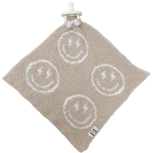 Smiley Face Baby Lovey Pacifier/Teether Holder 10"x10" - DreamSoft Plush Fluffy Cuddly Soothie Reversible Mini Comfort Blanket - Cute Newborn Gift Essential for Babies Boys and Girls (Tan/White)
