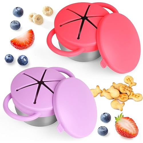 Daximo 2 Pack Snack Cups for Toddlers Spill Proof - Detachable Stainless Steel Toddler Snack Cups with Silicone Lids & Handles - Dishwasher Safe Snack Container (Red and Purple)