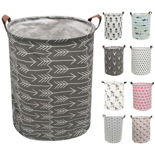 AUCHEN Large Storage Baskets, 19.7"H x 15.7"D Waterproof Gray Laundry Baskets, Collapsible Canvas Basket for Storage Bin for Kids Room, Toy Organizer, Home Decor, Baby Hamper(Round - Grey Arrows)