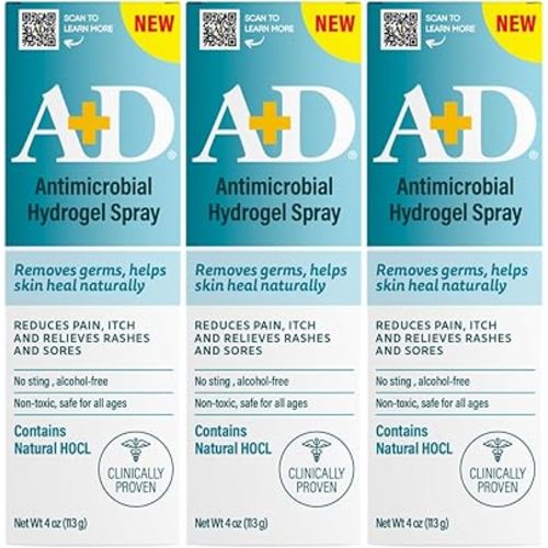 A+D Hydrogel Spray – With Hypochlorous Acid, Helps Heal Rashes & Irritations, Reduces itch & pain, Alcohol-Free, Non-Sting Formula, Safe for All Ages, 4oz 3 Pack