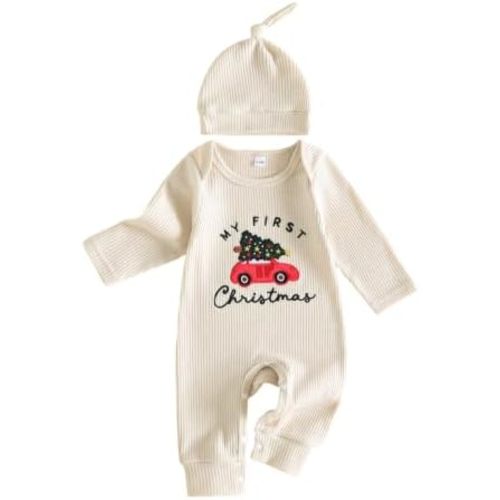 My First Christmas Baby Boy Girl Outfit Long Sleeve Romper Jumpsuit Hat Set