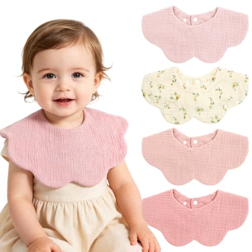 Muslin Baby Bibs, 4 Pack Bibs for Baby Girl, Adjustable 100% Cotton Soft Drool Bibs for Toddlers, Newborn Baby Girl Bib for Drooling and Teething