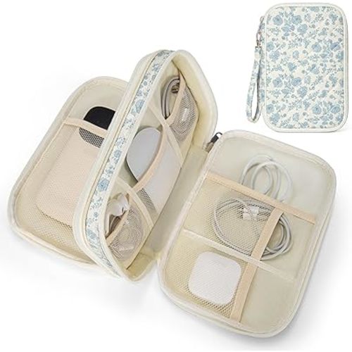 Quilted Electronics Organizer Travel Case, Floral Cord Organizer, Lightweight Cable Pouch for Chargers, Cords and Phone Accessories, Compact Travel Essentials Bag(Blue Floral)