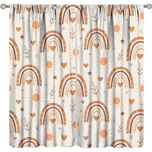 Boho Rainbow Curtains, Lovely Rainbow Love Sun and Brown Peach Star Pattern, Children Boys Girls Bedroom Living Room Nursery Nursery Decorative Curtains, 2 Panel Set,63X72 Inch