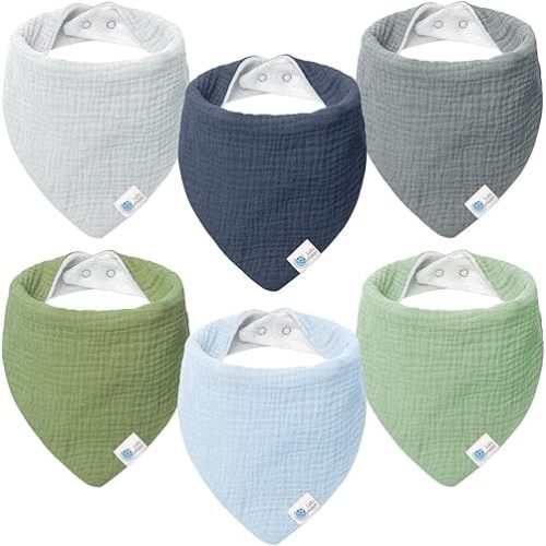 lulumoon Muslin Baby Bandana Bibs – Cotton Drooling Bibs for Teething Baby, 6Pack Solid Colors Muslin Bandana Drool Bibs (River)