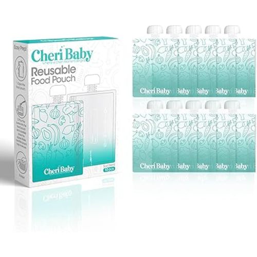CheriBaby Reusable Baby Food Pouches for Toddlers, BPA Free Plastic, Food Safe, Freezer Safe, Refillable Squeeze Pouch for Applesauce, Yogurt & Puree, Leakproof Double Lock Zipper, 10 Packs, 5oz