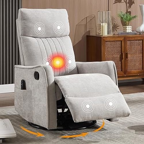 Manual Swivel Rocker Recliner Chair for Adults, Overstuffed Recliner Glider with Massage and Heat, Living Room Reclining Chair, Fabric Light Gray
