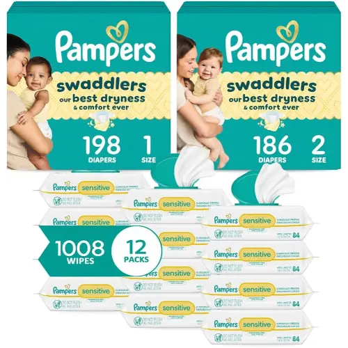 Pampers Baby Diapers and Wipes Starter Kit, Swaddlers Disposable Sizes 1 (198 Count) & 2 (186 Count) with Sensitive Water Based 12X Multi Pack Pop-Top Refill (1008 Count)