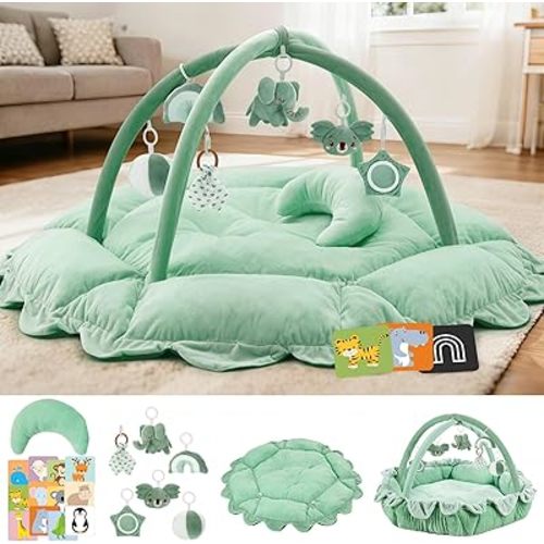 5-in-1 Baby Activity Gym & Play Mat with 6 Hanging Toys, Tummy Time Pillow & Cards - Extra Large, Reversible Machine Washable Pad - Gift for Newborns, Infants 0-12 Months, Sage Green