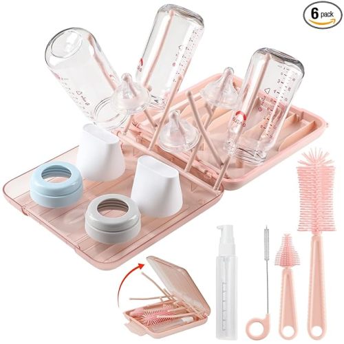 6 in 1 Baby Bottle Cleaner Set with Drying Rack,Silicone Baby Bottle Brush,Straw Brush,Nipple Brush,Soap Dispenser and Storage Box, Portable Baby Essentials for Home&Travel(Pink)