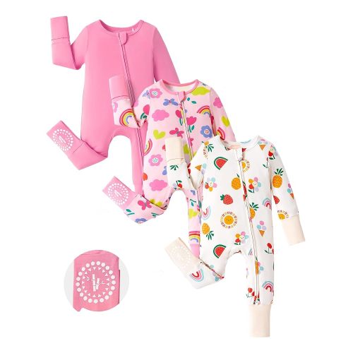 PATPAT Baby Footies Boys Girls - Bamboo Viscose - Zipper & Non-Slip Soles Romper Mitten - Footed & Footless Infant Clothes