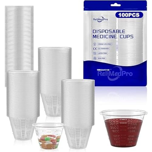 Disposable Medicine Cups Graduated, Bulk Pack of 100, 1 oz (30ml) Small Plastic Measuring Cup for Liquid Medication, Paint, epoxy, Pill and Resin.