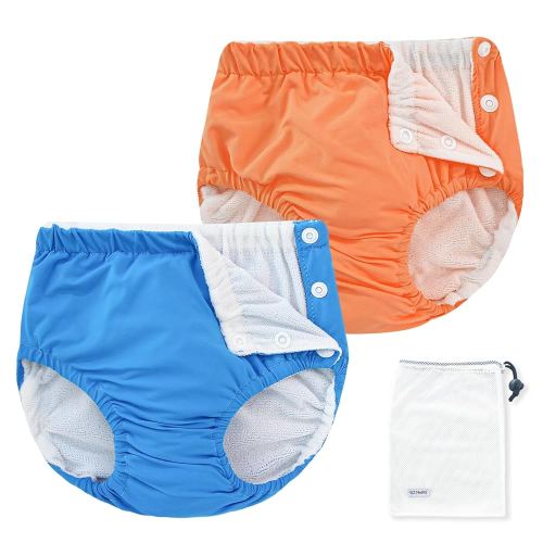 EZ Moms 2 Packs Reusable Swim Diapers Infant Baby Swim Diapers 6-9 Months Washable Snap Pool Swimming Diaper 6-12 Months Newborn Water Diaper for Swimming Lessons Boys and Girls with a Laundry Bag