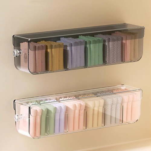 Transparent Wall-Hanging Underwear Organizer Box, Plastic Drawer Divider, Punch-Free Installation, 37.2x9.2x7.6cm, Black, Space-Saving Storage for Socks, Panties, Kitchen Items