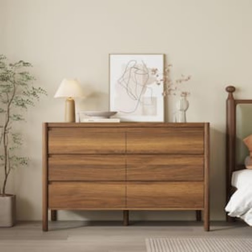 Brown Wood Grain 6-Drawers 47.2 in. Wide Thick Board Chest of Drawers, Dresser, Storage Cabinet with 5-Legs