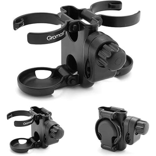 3 in 1 Foldable Stroller Cup Holder with Phone Holder, 360° Rotatable Bottle Holder, Universal Cup Holder for Stroller, Wheelchair, Bike, Walker, Scooter, Tricycle - Black