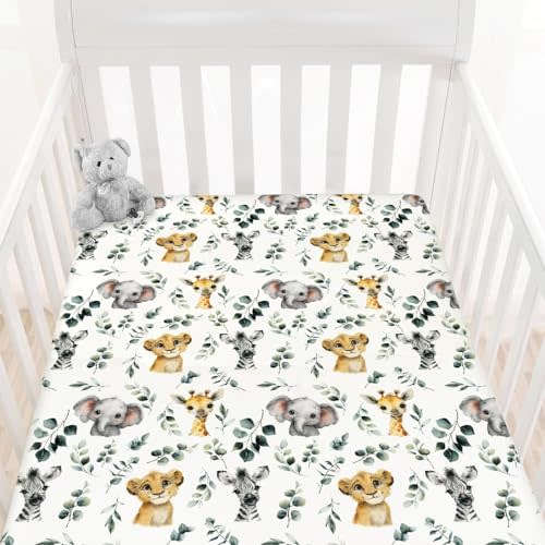 HawSkgFub African Safari Animal Eucalyptus Leaf Fitted Standard Baby Crib Sheet, Neutral Jungle Elephant Giraffe Zebra Lion Toddler Mattress Cover, Soft Stretchy Nursery Bed Sheets Kids Gift 52" x 28"
