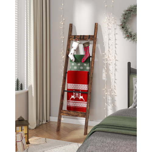 Hzuaneri Blanket Ladder Shelf, Wood Quilt Rack with 4 Removable Hooks, Rustic Brown 02101BBR