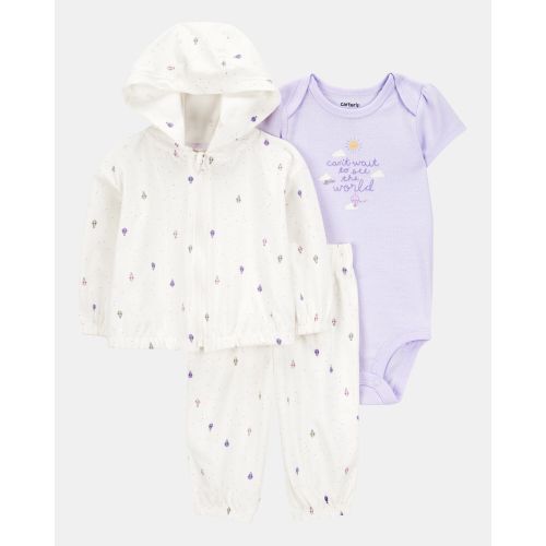 Baby Girl 3-Piece Hot Air Balloon Print Little Cardigan Set - White/Purple