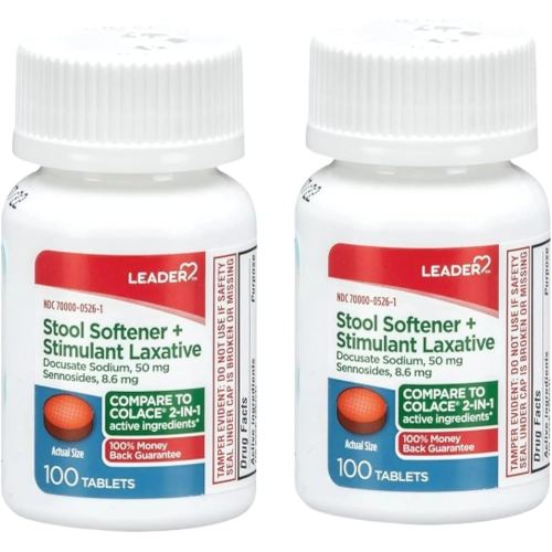 Leader 2-in-1 Stool Softener & Stimulant Laxative, Docusate Sodium 50mg, Sennosides 8.6 mg, Gentle Occasional Constipation Relief for Adults, Both Men & Women, & Children Ages 6+, 100 Tablets 2-Pack