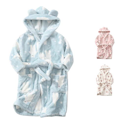 REDARER Unisex Kids Bath Robe Soft Thick Coral 3D Bear Ear Hood Bear Star Print Adjustable Tie Waist Front Pockets Loungewear Sleepwear,1-2 Years