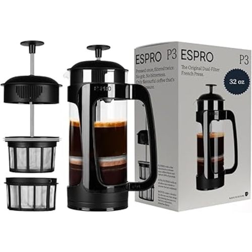 ESPRO - P3 French Press Coffee Maker – Patented Double Microfilter for Sludge and Grit Free Coffee, Black, 32 oz