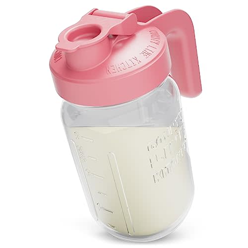 County Line Kitchen Glass Breast Milk Pitcher with Lid - Wide Mouth, 1 Quart (32 oz) - Heavy Duty, Leak Proof - Sun & Iced Tea Pitcher, Cold Brew Coffee, Breast Milk Storage, Water - Pink
