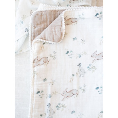 Organic Muslin Gauze Thick Quilt | Ivy Hollow Ducks Bunnies Blue Green Fawn & Foster Organic Baby Newborn Textiles Blanket Receiving Swaddle