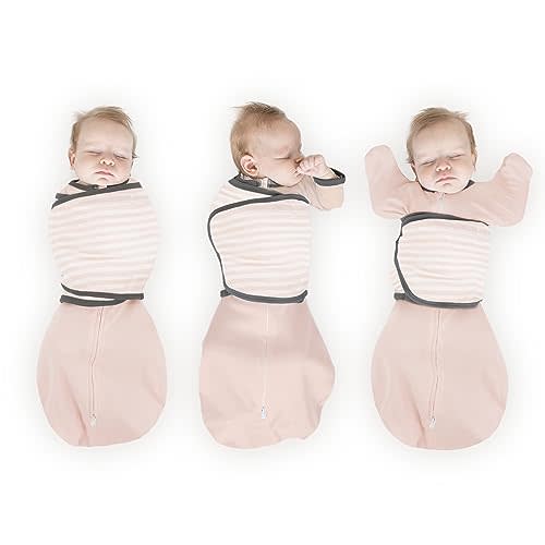 Omni Swaddle Sack by Amazing Baby - Transitional Swaddle with Arms Up Sleeves & Mitten Cuffs, Pink Stripes, Size Small, 0-3 Months