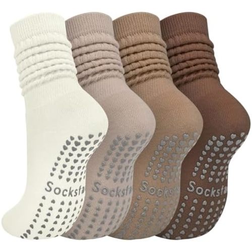 4 Pairs Grip Pilates Socks for Women Yoga Scrunch Slouch Non Slip Socks with Grippy Pilates Barre Workout Slipper 5-9