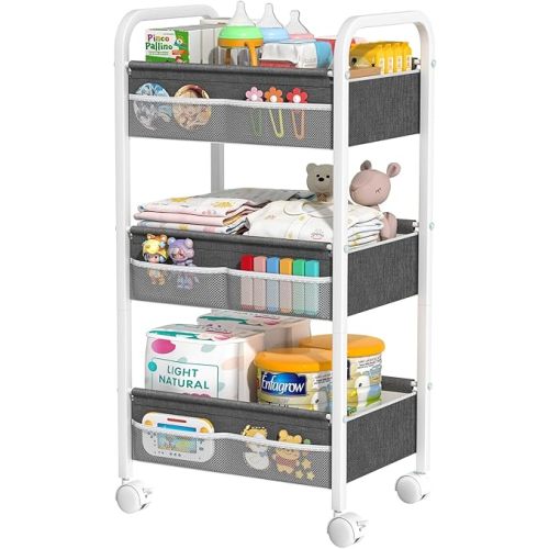 Baby Diaper Caddy Rolling Utility Cart, 3 Tier Baby Essentials Nursery Organizer and Storage with Dividers and Drawers for Crib, Bedroom, Art & Craft Organizer (White)