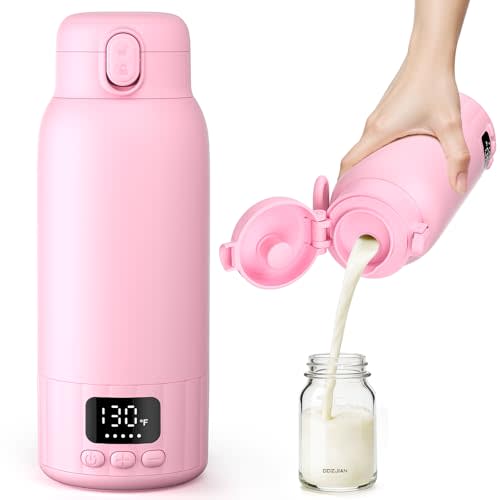Portable Bottle Warmer for Travel, Fast Heating Milk Warmer On The Go, 17 OZ Water Warmer for Milk, Formula, Water, Temp Control 98°F -131°F, Baby Essentials for Outdoor Airplane Car Journey, Pink