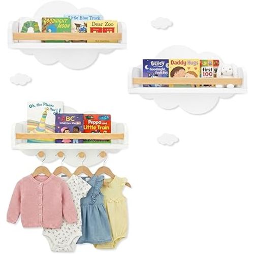 Cloud Floating Shelves Nursery Set of 3 with Decorative Mini Clouds – Wall Mounted Kids Bookshelf with Hooks, Solid Pine Rail, 15 lb Per Shelf Capacity, Nursery & Toddler Wall Decor