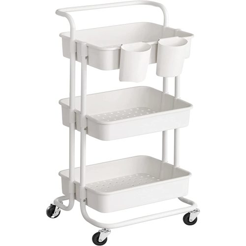 SONGMICS Rolling Cart, 3-Tier Storage Cart, Storage Trolley with Handle 2 Small Organizers, Steel Frame, Plastic Baskets, Utility Cart, Easy Assembly, for Bathroom Laundry Room, White UBSC067W01