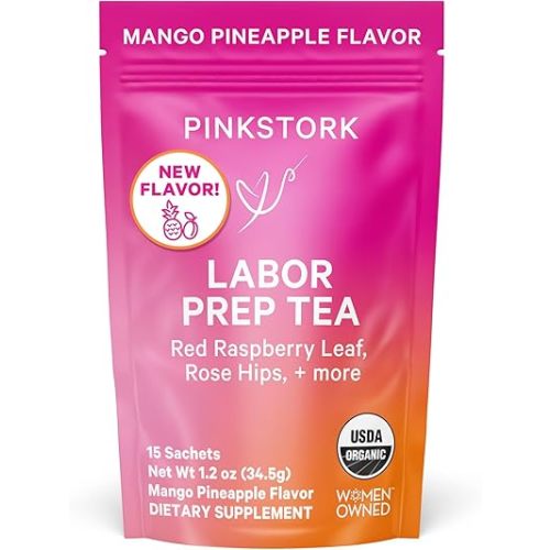 Pink Stork Organic Red Raspberry Leaf Labor Prep Tea - Mango-Pineapple with Nettle, and Moringa - Third Trimester Pregnancy Tea - Labor and Delivery Essentials for Women, 30 Cups