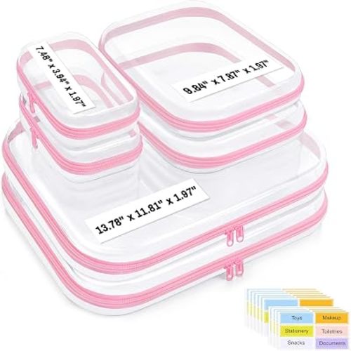 6 Pack Clear Hard Shell Zipper Case with Labels, 2S+2L+2XL, Pink