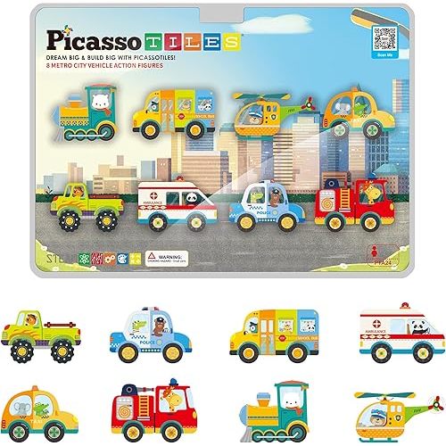 PicassoTiles 8pc Metro City Vehicle Magnet Building Block Set with Magnetized Action Figures Compatible with Magnetic Tile Kits STEAM Educational Construction Playset for Boys Girls Age 3 Plus PTA24