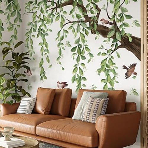 Runtoo Large Tree Wall Decals Green Plant Hanging Vine Leaves Wall Stickers for Living Room Bedroom Nursery Wall Decor