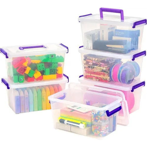 IRIS USA 5 Qt. Plastic Craft Storage Container Bins with Lids, 6 Pack, Small Art & Office Supply Organizer Tote, Sensory Bins & Boxes for Home & University, Stackable, Carry Handle, Clear