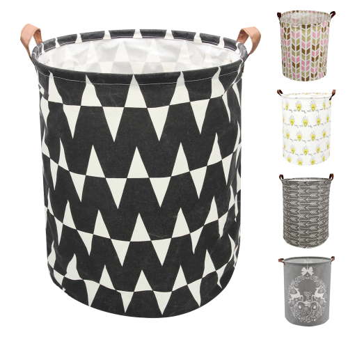 Laundry Basket, Collapsible Large Laundry Hamper Waterproof with Leather Handle, Dirty Clothes, Baby Kids Toy Storage Baskets Dorm, Black W