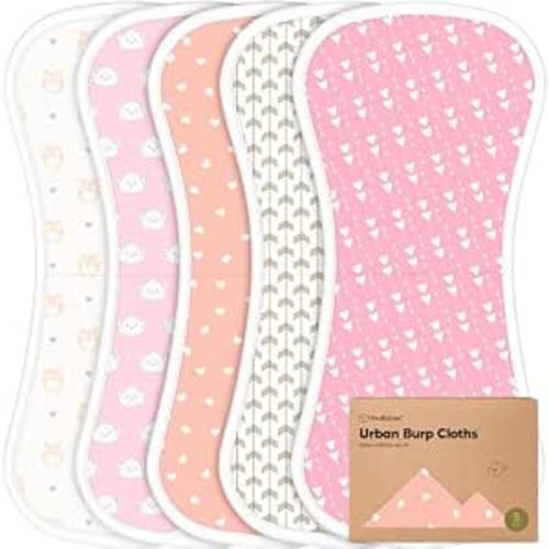 Organic Burp Cloths Baby Boy & Girl, 5-pack Cotton Burp Rags (Pink Dreams) | Super Absorbent Cotton Burping Cloths for Babies, Soft, Plush, Newborn, Infant Towels, Milk Spit Up Rags, Large 21x10