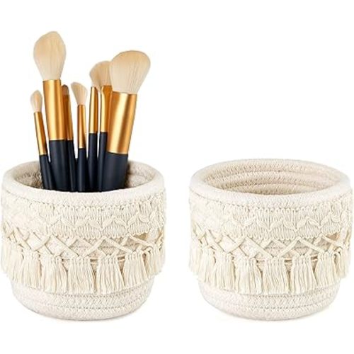 Mkono Macrame Makeup Brush Holder Organizer Comb Brushes Mini Storage Basket Set of 2 Boho Decor Baskets for Pen Pencil Box Container ,Ivory