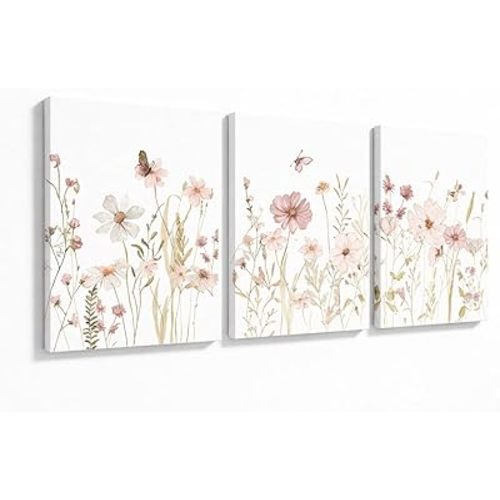 MTFBWY Wildflower Wall Art Set of 3, Pink Floral Canvas Prints, Gallery Wrapped Aesthetic Cottagecore Wall Decor, Vintage Botanical Flower Pictures for Bedroom Nursery, 16x24in